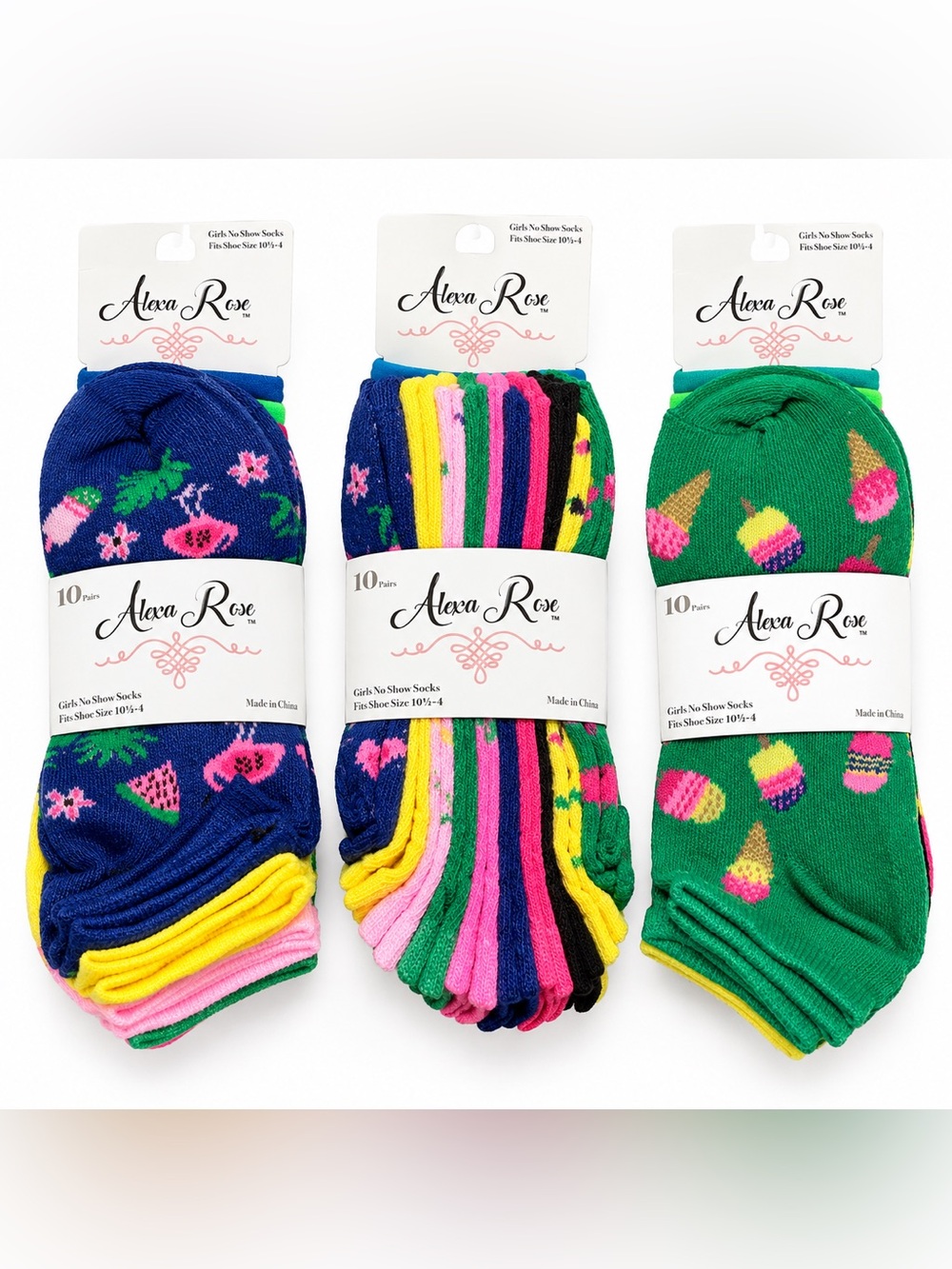 NWT [Alexa Rose] 10x Pairs No-Show Socks Girls Sz 10.5 - 4 + 3x Hair Elastics